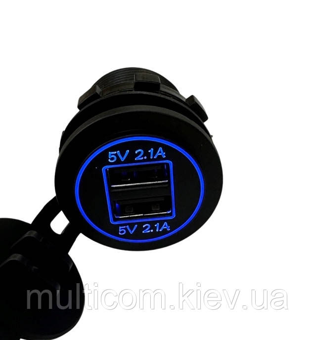 01-16-103BU. Гніздо автоприкурювача на 2 гнізда USB, врізне, 2,1А, із синьою підсвіткою