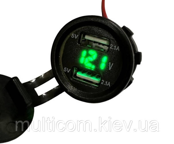 01-16-121GN. Гніздо автоприкурювача на 2 гнізда USB, врізне, 2,1 А, з вольтметром, зелена підсвітка