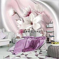 Флизелиновые фотообои для спальни 416x254 см 3Д Красивый цветок магнолии на розовом и сером фоне