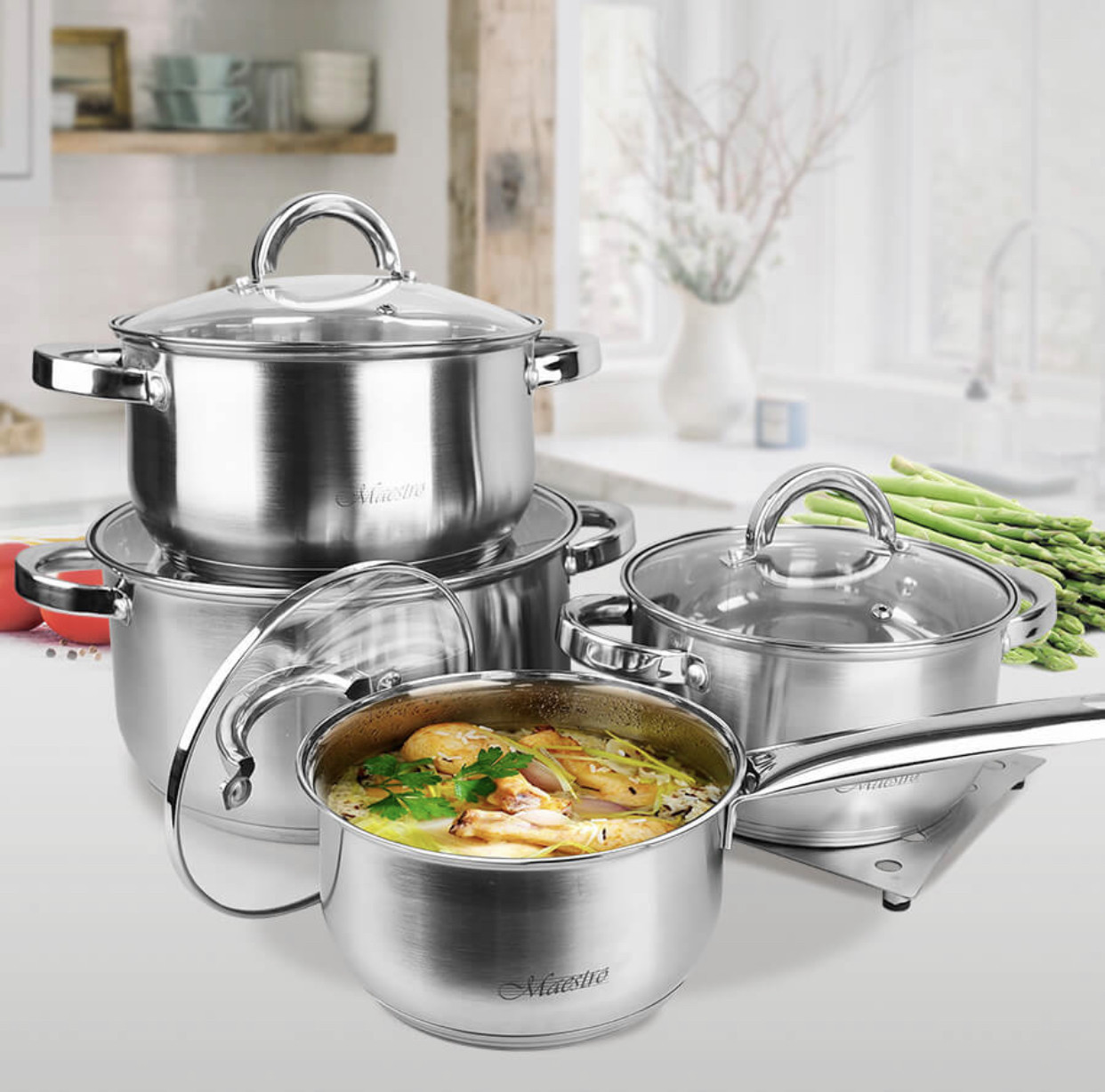 Набір каструль із неіржавкої сталі 9 предметів Maestro MR-2021 Набір кухонного посуду з товстим дном, фото 1