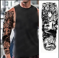 Tatoo-443 Большая временная татуировка тату рукав 48*17 см "Тигр пейзаж маяк пляж"