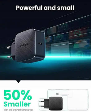 Зарядний пристрій Ugreen CD127 GaN PD Fast Charger 65W EU Чорний, фото 3