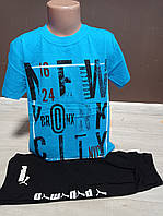 Летний подростковый костюм для мальчика подростка Бруклин на 6-8 лет голубой синий футболка и шорты
