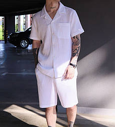 Чоловічий набір сорочка і шорти літній костюм базовий білий Туреччина. Живе фото