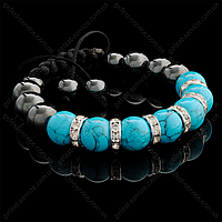 Браслет з блакитного бірюзи та гематиту 10 мм з металевими кільцями зі стразами