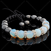 Браслет з гранованого місячного каменю та гематиту 10 мм з регульованою застібкою