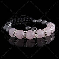 Браслет з рожевого кварцу та гематиту з металевими кільцями, 10 мм