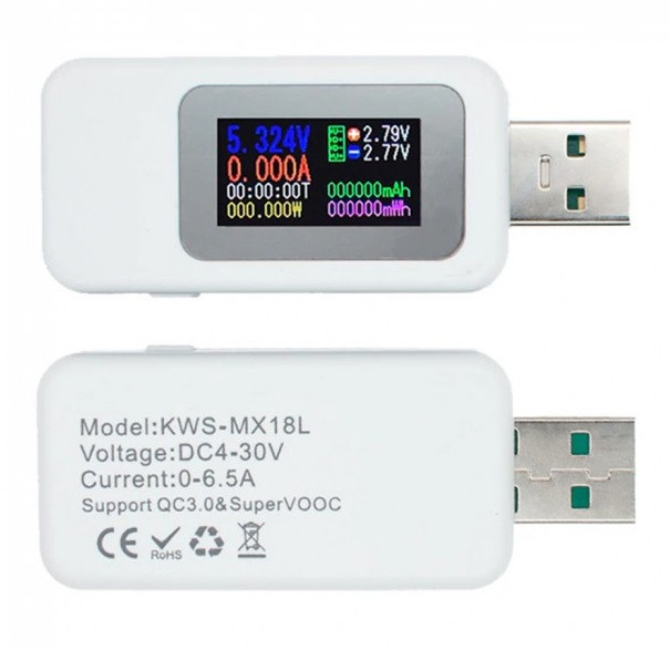 USB Тестер KWS-MX18L вольтметр амперметр вимірювач ємності акумулятора, струм, ємність, напруга