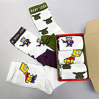 Набор мужских белых носков с принтами подарочный бокс носков с рисунками мультяшек для парня 3 шт