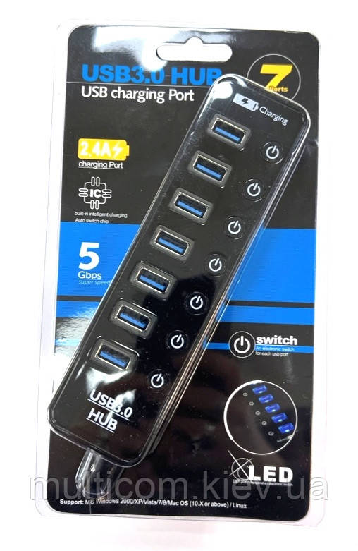 02-03-286. USB HUB (ver.3.0) на 7 портів, з вимикачами та підсвіткою, фото 1