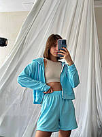 Женский прогулочный спортивный костюм шорты + худи на молнии (черный, бежевый, голубой, малиновый)