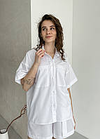 Женская белая хлопковая рубашка с коротким рукавом, размер 42/44 (S-M)