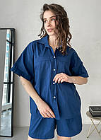 Женская синяя хлопковая рубашка с коротким рукавом, размер 42/44 (S-M)