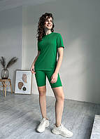 Женский костюм велосипедки и футболка в рубчик зеленый, размер 46/50 (L-2XL)
