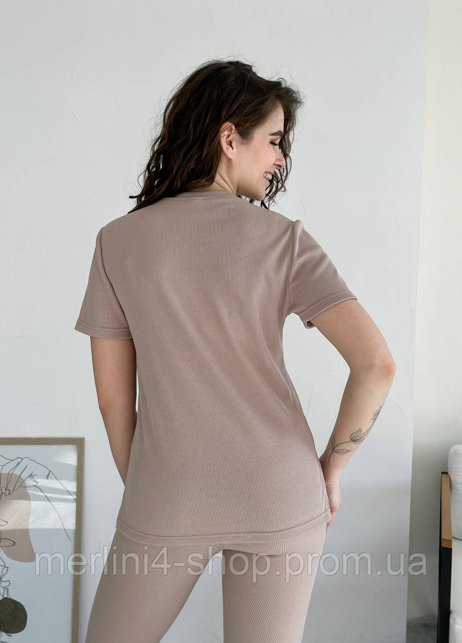 Женский костюм футболка и лосины в рубчик бежевый, размер 40/44 (XS-M) - фото 7 - id-p1864161844