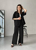 Женский костюм с широкими штанами и рубашкой из льна черный, размер 54/56 (4XL-5XL)