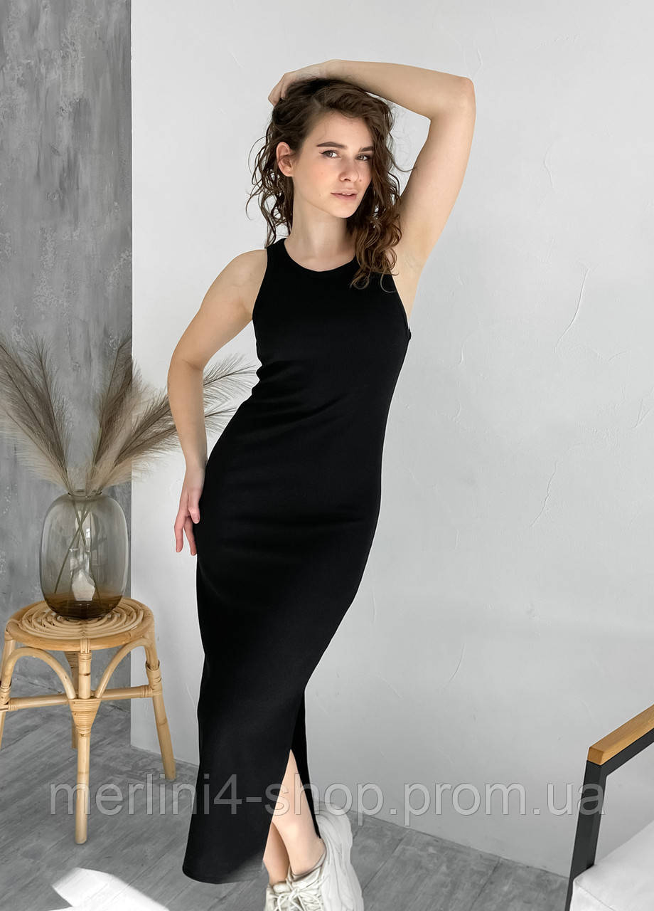 Длинное женское летнее платье майка в рубчик черный, размер 40/44 (XS-M) - фото 2 - id-p1864163284