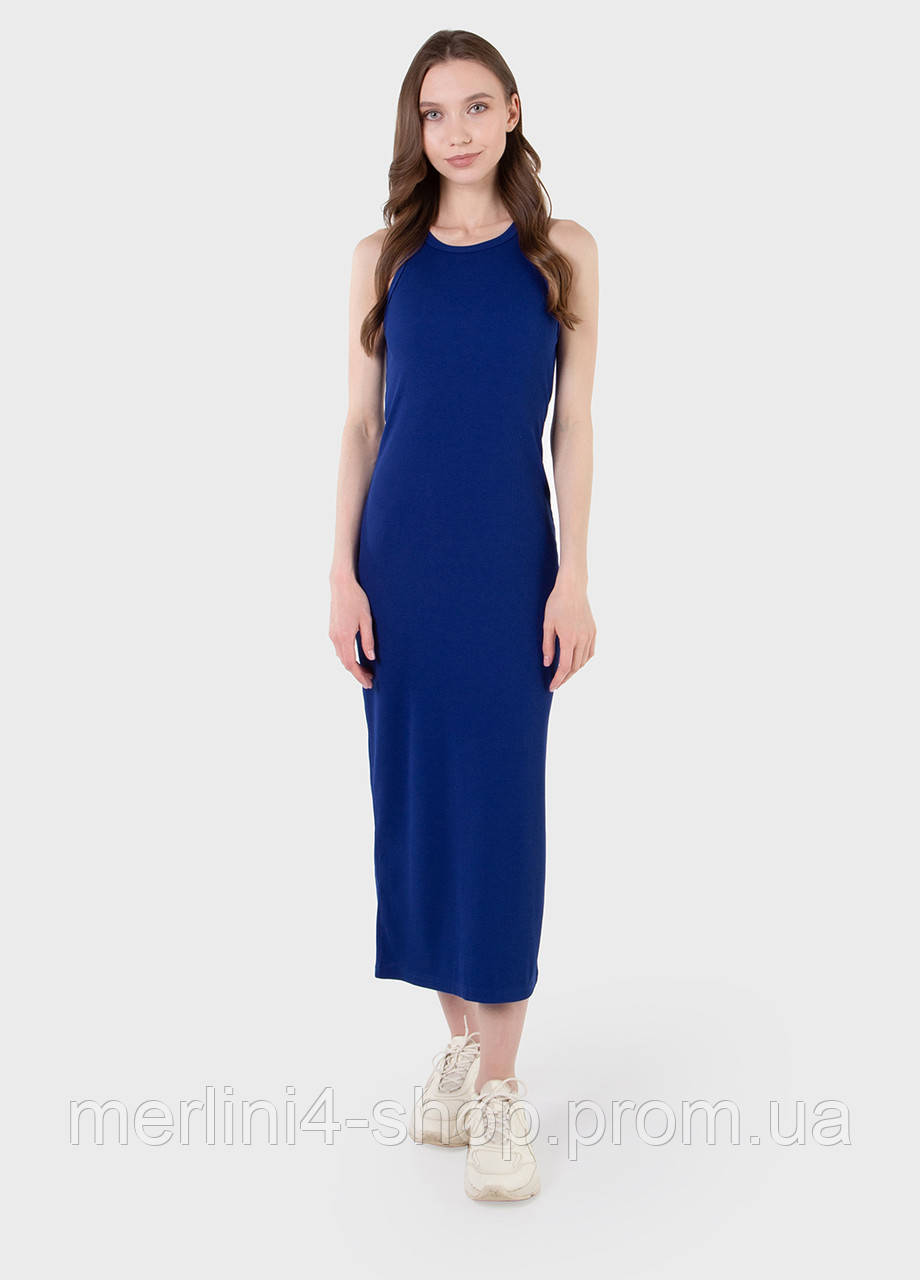 Длинное женское летнее платье майка в рубчик синий, размер 40/44 (XS-M) - фото 2 - id-p1864163299