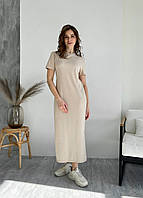 Довга жіноча сукня в рубчик з коротким рукавом бежевий, розмір 40/44 (XS-M)