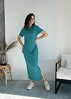 Довга жіноча сукня в рубчик з коротким рукавом бірюзовий, розмір 40/44 (XS-M)