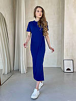 Длинное женское платье в рубчик с коротким рукавом синий, размер 40/44 (XS-M)
