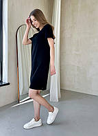Женское платье до колена в рубчик черное, размер 42-44 (S-M)