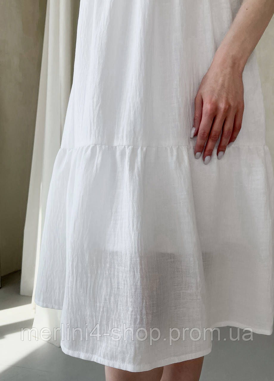 Женское платье до колена однотонное с коротким рукавом из льна белое, размер 42-44 (S-M) - фото 7 - id-p1864163363