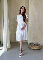 Женское платье до колена однотонное с коротким рукавом из льна белое, размер 54-56 (4XL-5XL)