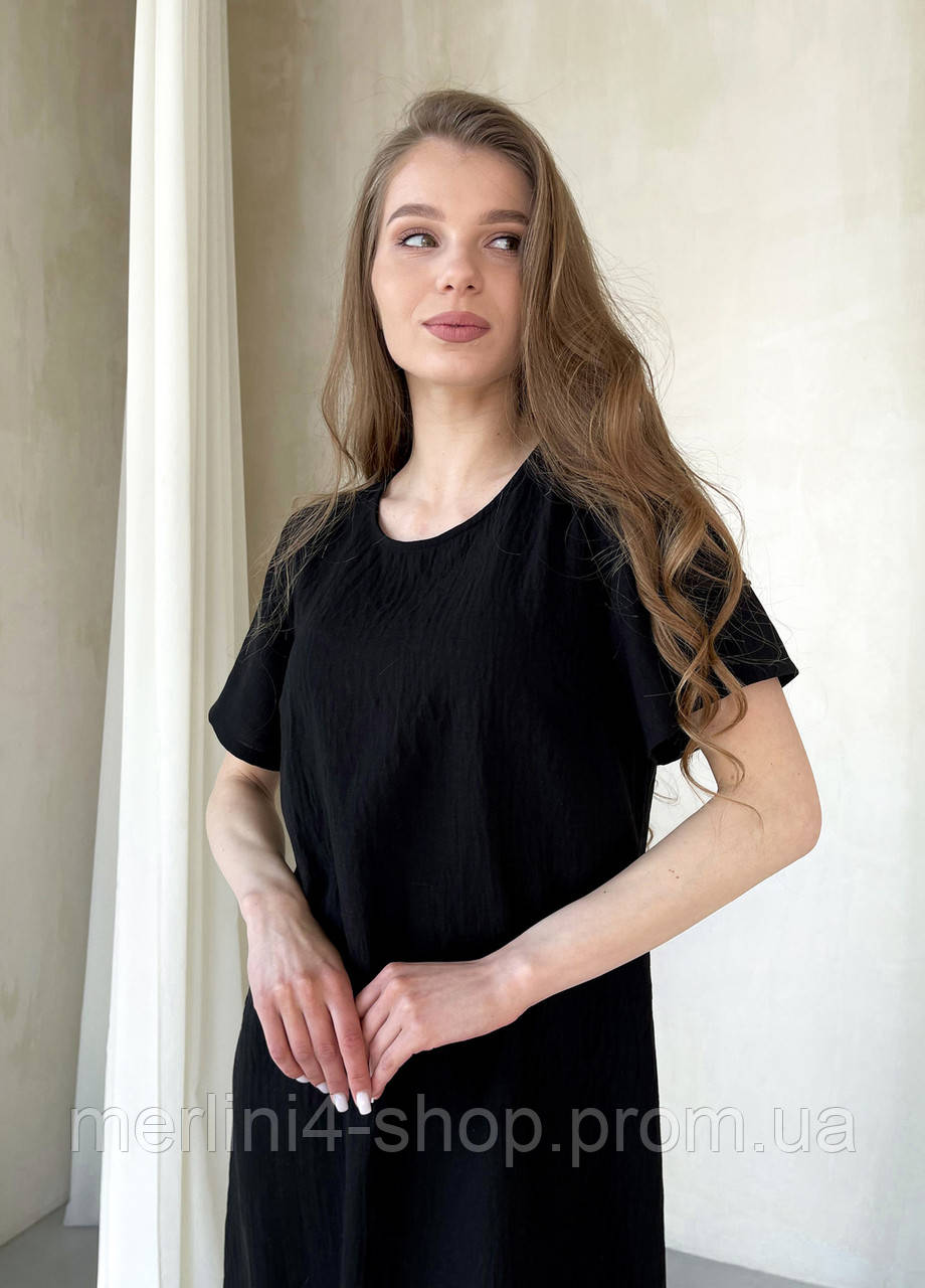 Женское платье до колена однотонное с коротким рукавом из льна черное, размер 42-44 (S-M) - фото 5 - id-p1864163367
