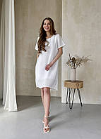 Женское платье до колена однотонное с коротким рукавом из льна белое, размер 54-56 (4XL-5XL)