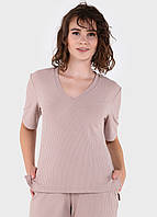 Женская футболка в рубчик летняя бежевый, размер 46/48 (L-XL)