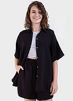 Женская льняная рубашка с коротким рукавом черный, размер 50/52 (2XL-3XL)
