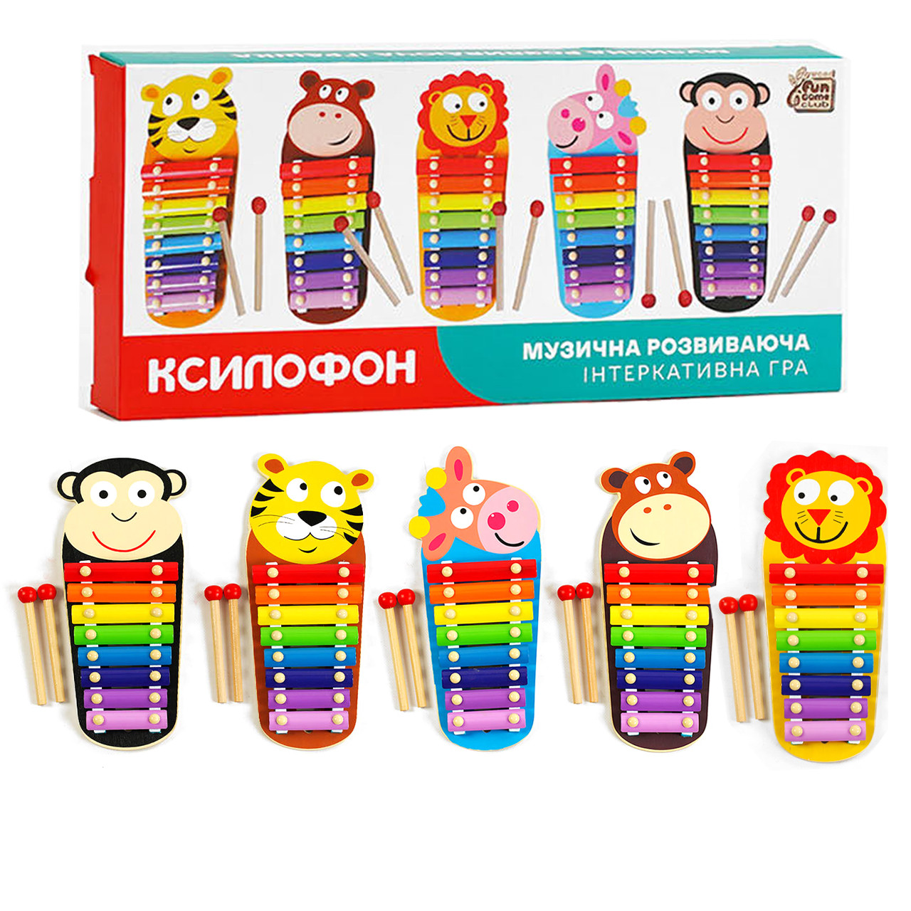 Ксилофон дерев`яний, тварини, палички "4FUN Game wood Club", 5 видів, в кор., 35*2,5*13 см. (77678)