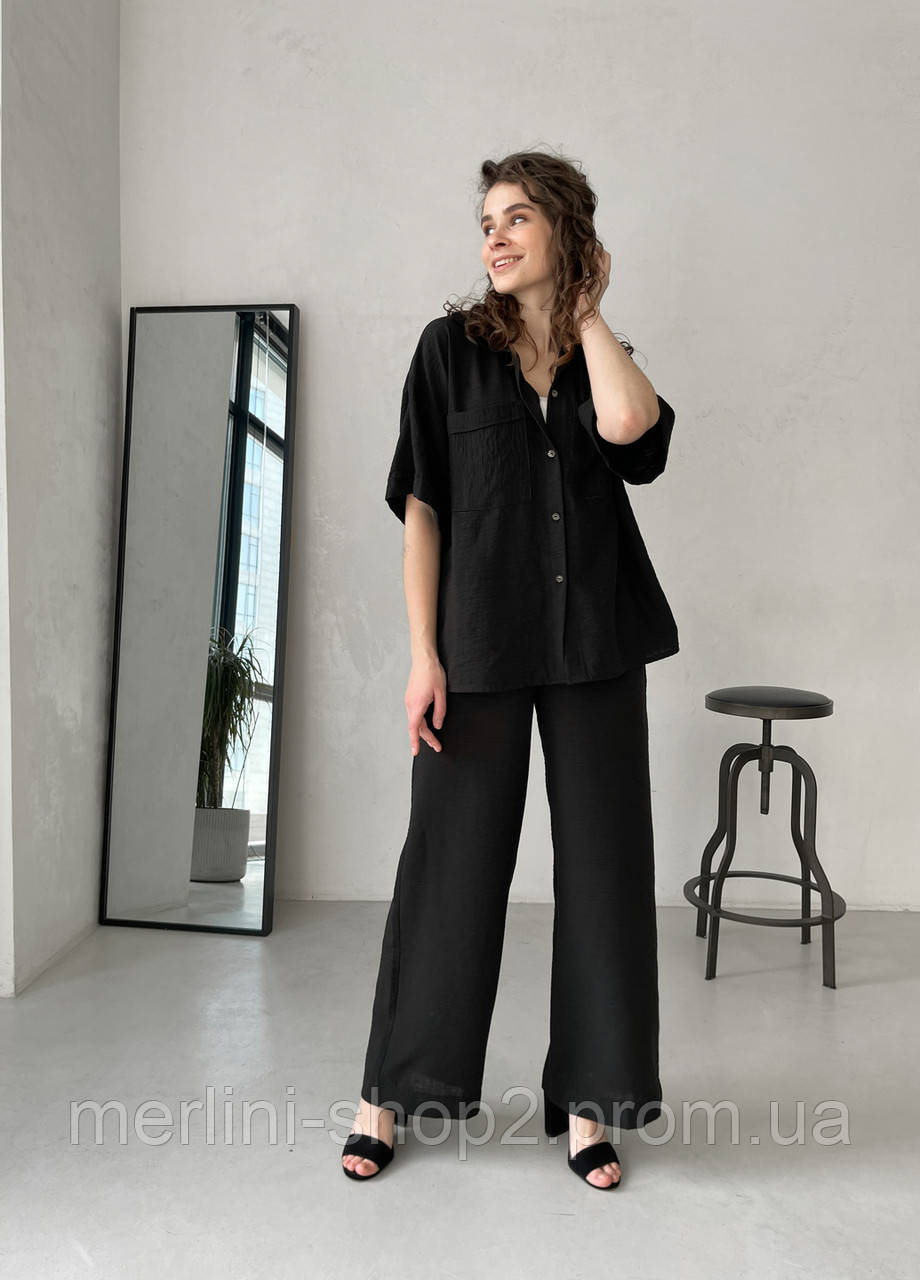Женский костюм с широкими штанами и рубашкой из льна черный Merlini Мерлини, размер 42/44 (S-M) - фото 2 - id-p1864222741
