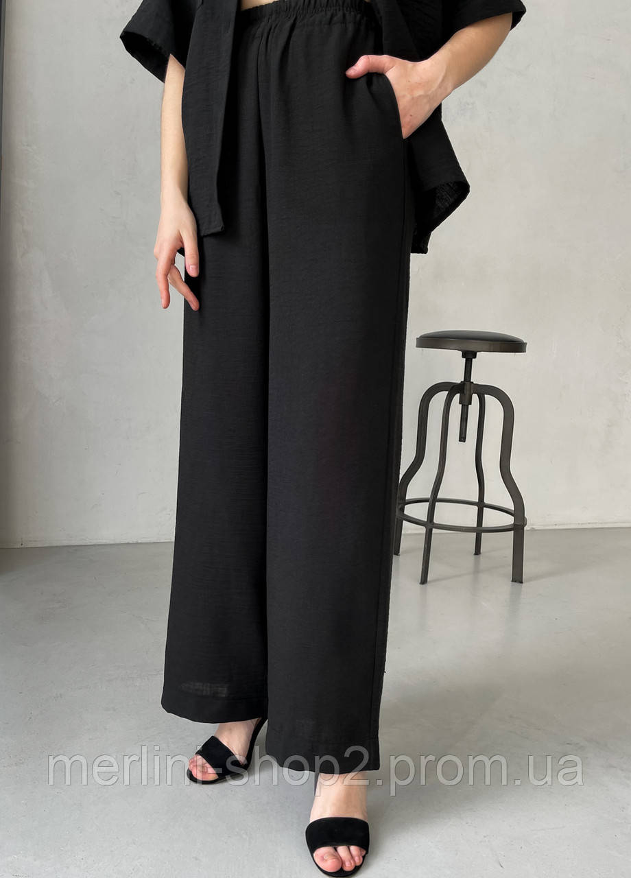 Женский костюм с широкими штанами и рубашкой из льна черный Merlini Мерлини, размер 42/44 (S-M) - фото 5 - id-p1864222741