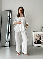 Женский костюм с широкими штанами и рубашкой из льна белый Merlini Мерлини, размер 42/44 (S-M)