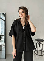 Женская льняная рубашка с коротким рукавом черная Merlini Мерлини, размер 50/52 (2XL-3XL)
