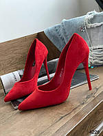Женские туфли лодочки на высокой шпильке красные экозамша с острым носиком 37