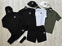 Комплект мужской Кофта + Штаны + Шорты + Футболка + Панама + Носки Adidas Спортивный костюм Адидас черный