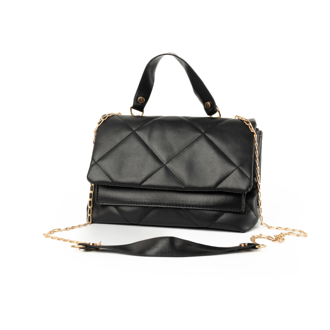 Сумка жіноча з якісної штучної шкіри зі стьобаним візерунком та ручкою-ланцюжком, Чорний, фото 1