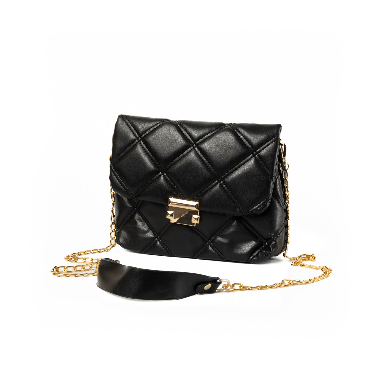 Сумка жіноча елегантна з якісного стьобаного шкірозамінника і довгою ручкою-ланцюжком, Чорний, фото 1