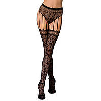 Еротичні колготки-бодістокінг Passion S003 black, імітація мереживних панчіх та трусиків, Черный - PSS003B