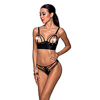 Комплект з екошкіри з люверсами та ремінцями Passion MALWIA BIKINI L/XL, black, бра та трусики, Черный - SO5762