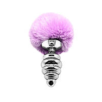 Металева анальна пробка Кролячий хвостик Alive Fluffy Twist Plug L Purple, діаметр 3,8 см - SO6310