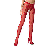 Колготки-бодістокінги Passion S012 One Size, Red, імітація панчіх, пояса та мереживних трусиків, Червоний - PSS012R