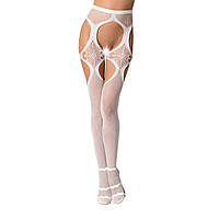 Еротичні колготки-бодістокінги Passion S023 One Size, White, імітація панчіх з ромбами та пояском, Білий - PSS023W