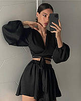 Женский романтичный костюм юбка-шорты и блуза на запах с завязкой (черный, малина, молоко, трава) Черный