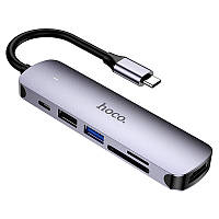 USB-хаб адаптер-переходник Type-C с HDMI, USB3.0, USB2.0, SD, TF, PD, серый