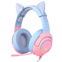 ONIKUMA K9: Игровые наушники с микрофоном и LED RGB подсветкой, дизайн "кошачьи ушки", Розово-Синие