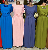Женское летнее длинное платье, ткань креп жатка, р 44-46, 48-50, 52-54,56-58 с пояском